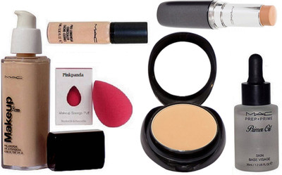 

Pinkpanda Sponge Puff & Mac Pro longwear Foundation & 2 way compact & PRo longwear concealer,Prep+Prime Primer oil,Counter Stick Concealer(Set of 6)