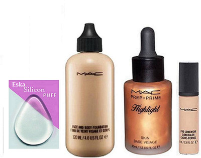 

Eska Silicon Puff Face And Body Foundation& Prep+Prime Highlight & Pro Longwear Concealer(Set of 4)