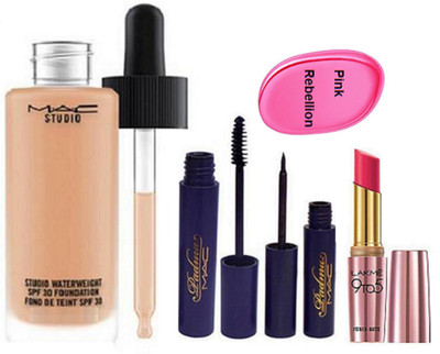 

Pink rebellion Silicone Puff & Studio Waterweight Foundation & Padma Eyeliner+Mascara & Lakme Lipstick(Set of 4)