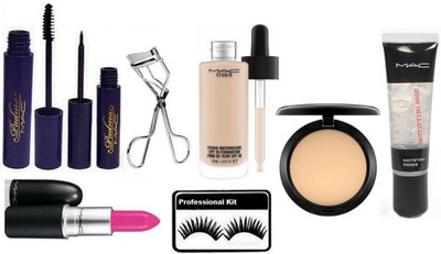 

professional kit Eyelashes & Mac Padma Eyeliner, Mascara With Matte Lipstick & Eyelashes Curler Studio Waterweight Foundation, Compact With Primer Gel(Set of 8)
