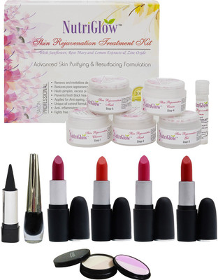 

NutriGlow "Set of 4 Lipsticks + 1 Eye liner + 1 Kajal + 1 Skin Rejuvenation fairness facial kit "(Set of 8)