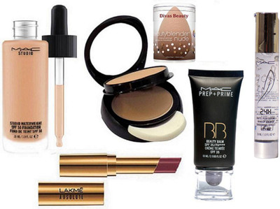 

divas beauty Sponge Puff,Mac BB Cream, Studio Waterweight Foundation,Compact,24 H Primer With Lakme Absolut Lipstick(Set of 6)