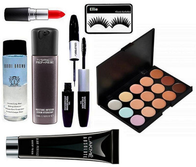 

ellie Eyelashes & Mac 15 Shades Concealer Palette & Prep+Prime Face Serum,Matte Finish Lipstick,Bobbi Brown Makeup Remover & COlorbar Eyeliner With mascara & Lakme Absolute Primer(Set of 7)