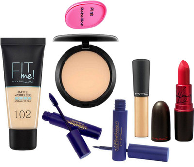 

Pink Rebellion Silicone Puff & Maybelline Fit me Foundation & Compact & Mineralize Concealer & Padma Eyeliner+Mascara & Lady Gaga Lipstick(Set of 7)