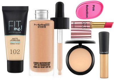 

Pink rebellion Silicone Puff & Studio Waterweight Foundation & Lakme Lipstick & Compact & Mineralize Concealer & Fit Me Foundation(Set of 6)