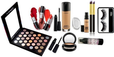 

ellie eyelasheh & mac Professional multi eyeshadow palette & mac matte finish lipstick (set of 3) & mac matchmasterm foundation & pro longwear concealer & compact & eyeliner+mascara & primer & silicon puff & makeup brush(Set of 14)