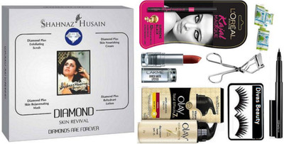 

divas beauty Eyelashes, Shahnaz Husain Diamond Facial Kit & Loreal Kajal With Inrich Lipstick & Magic Napkin Pack of 3 & Olay Anti Ageing Cream & Pen Eyeliner,Eyelashes Curler(Set of 8)