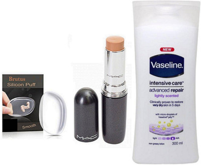 

BRUTUS Silicon Puff, Mac Stick Concealer, Vaseline Intensive Care Advanced Repair Bodylotion(Set of 3)