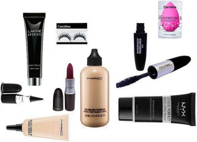 

caroline Eyelashes With sponge puff Mac face and body foundation, stick k. with select cover up concealer & matte finish long lasting lipstick With nyx perfect Face Primer Gel and Clrbar Eyeliner And mascara 2 in 1 & Lakme Absolute Blue Perfect Makeup Pri