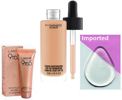 

Imported silicon Puff & Mac Studio Waterweight Foundation & Lakme 9 to 5 Mousse Foundation(Set of 3)