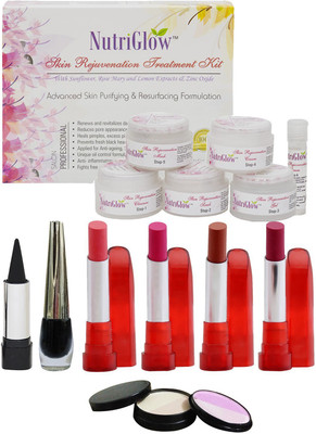 

NutriGlow "Set of 4 Lipsticks + 1 Eye liner + 1 Kajal + 1 Skin Rejuvenation fairness facial kit + 1 Compact ( 5 in 1 ) "(Set of 8)