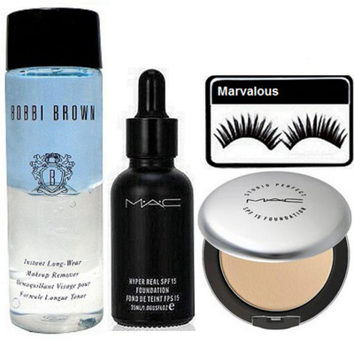 

Marvalous eyelashes ,mac hyper real foundation , studio perfect compact with bobbi brown instant pro long wear remover(Set of 4)