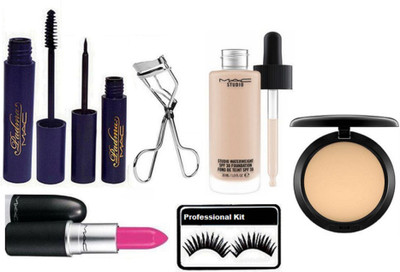 

professional kit Eyelashes,Mac Padma Eyeliner, Mascara With Matte Lipstick & Eyelashes Curler Studio Waterweight Foundation With Compact(Set of 7)