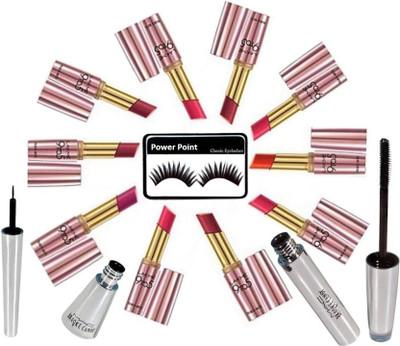 

powerpoint eyelashes with Lakme 9 to 5 Primer + Matte Lipstick (set of 10 ) & brooke candy eyeliner & mascara(Set of 13)