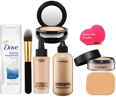 

Studio Fix Combo Sponge Puff(pack Of 2),Makeup Brush,Mac Face & Body,Studio Waterweight,Studio fix Compact & Loose powder,Dove Essential Nourishment Body lotion(set of 8)(Set of 8)