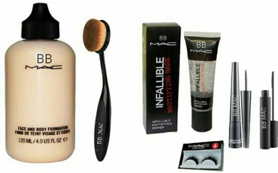 

BB MAC face and body foundation(120 ml) , professional makeup brush, infallible mattfying base primer, liquid eyeliner, mascara & 1 pair of eyelashes. (combo set of 6)(Set of 6)