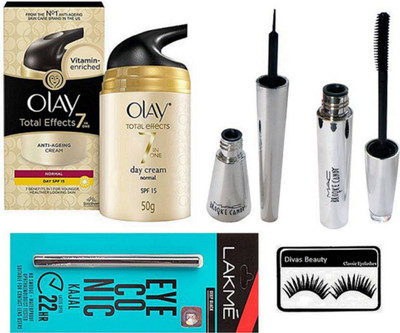 

divas beauty Eyelashes, Mac Brooke Candy Liquid Eyeliner & Mascara, Olay Cream, Eyeconic Deep Black Kajal(Set of 5)
