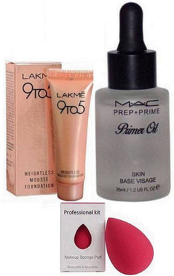 

professional kit sponge puff,mac prep+prime primer oil, lakme 9ot5 mousse foundation(Set of 3)