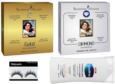 

Pinkpanda Eyelashes With Shahnaz Husain Gold & Diamond Facial Kit & Dove Body Lotion(Set of 4)