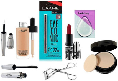 

ravishing Silicon Puff,Studio Waterweight Foundation,Brooke Candy Lipstick,Eyeliner,Mascara,Eyelashes Curler With Compact & Eyeconic Kajal(Set of 8)