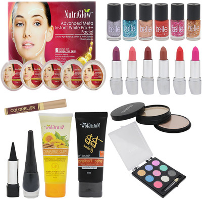 

NutriGlow SET OF 1 ADVANCED META FACIAL KIT + 6 NAIL PAINTS + 6 LIPSTICKS + 1 SINDOOR + 1 KAJAL + 1 EYE LINER + 1 EYE SHADOW + 1 BB CREAM + 1 TURMERIC FACE WASH + 1 (5-IN-1) COMPACT(Set of 20)