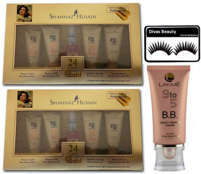

Divas Beauty eyelashes , Shahnaz Husain Gold Facial Kit (pack of 2) with lakme 9 to 5 bb bright benefit cream(Set of 4)