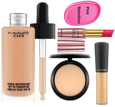 

Pink rebellion Silicone Puff & Studio Waterweight Foundation & Lakme Lipstick & Compact & Mineralize Concealer(Set of 5)