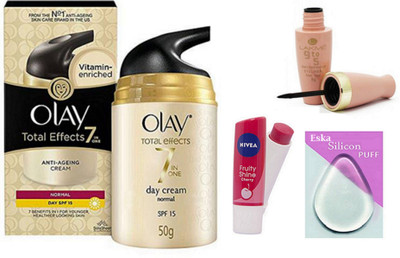 

Eska Silicon Puff & Olay Anti Ageing Cream With Lip Balm & 9to5 Eyeliner(Set of 4)
