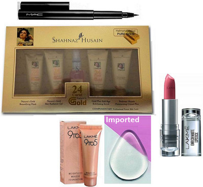 

Imported silicon Puff Pen Eyeliner,9 TO 5 Mousse Foundation,Enrich Lipstick With Gold Facial Kit(Set of 5)