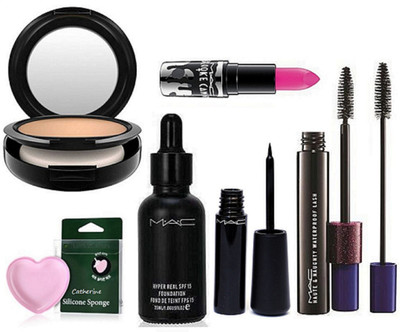 

CATHERINE Silicon Puff With Mac Studio Fix Compact & Hyper Real Foundation,Liquid Eyeliner And Mascara,Brooke Candy Lipstick(Set of 6)