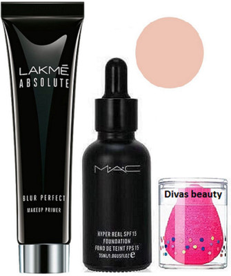 

Divas Beauty sponge puff , lakme absolute blur perfect makeup primer with hyper real foundation(Set of 3)
