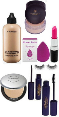 

powerpoint Sponge Puff & Face And Body Foundation & Studio Perfect Compact & Padma Eyeliner & Mascara & Eyelashes & Pink Lipstick & Loose Powder(Set of 8)