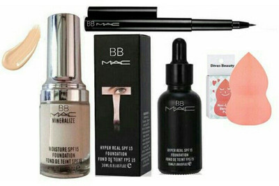 

BB MAC mineralize moisture spf 15 foundation (40ml), hyper real spf 15 foundation (35 ml), black sketch eyeliner & 1 sponge puff. (combo set of 4)(Set of 4)