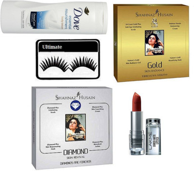 

Ultimate Eyelashes & Shahnaz Hussain Gold And Diamond Facial kit & Lakme Inrich Lipstick With Dove Essential nourishment Body Lotion(Set of 5)