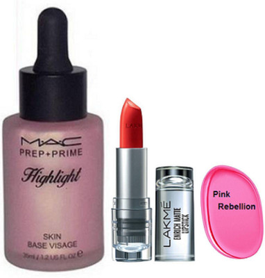 

Pink rebellion Silicone Puff & Mac Skin Base Visage Highlight & Lakme Enrich Lipstick(Set of 3)