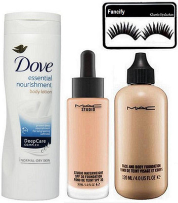 

fancify Eyelashes, Mc Face & Body Foundation, Water weight Spf 30 Foundation Found De Teint, Dve Essential Nourishment Body Lotion(Set of 4)