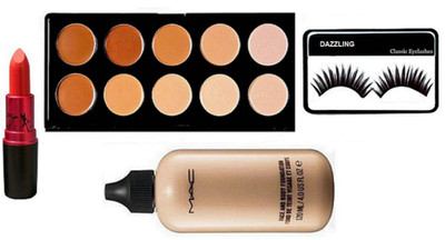 

DAZZLING Eyeleshes & Mac 10 Shade Concealer Palette, Face And Body foundation, Lady Gaga Lipstick(Set of 4)