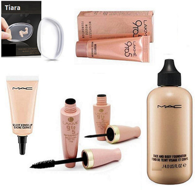 

tiara Silicone Puff , Mac Select Cover up Concealer , Face & Body Foundation , Lakme 9to5 Mousse , Eyeliner & mascara(Set of 6)