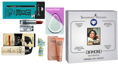 

Imported silicon Puff,Shahnaz Husain Diamond Facial Kit & Eyeconic Kajal With Enrich Lipstick & Magic Napkin Pack of 3 & Olay Anti Ageing Cream With Mousse Foundation(Set of 9)