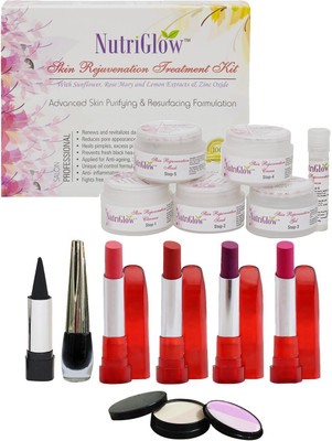 

NutriGlow "Set of 4 Lipsticks + 1 Eye liner + 1 Kajal + 1 Skin Rejuvenation fairness facial kit + 1 Compact ( 5 in 1 ) "(Set of 8)