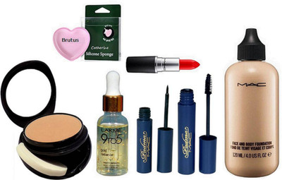 

brutus Silicone Puff, Face And Body Foundation, Two Way Compact, Matte Finish Lipstick, Padma Eyeliner & Mascara, 9 to 5 Face Serum(Set of 7)