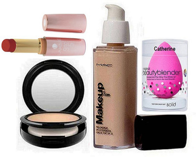 

Catherine Sponge Puff,Mac Makeup Pro Foundation,Studio fix Compact,Lakme 9 to 5 Matte primer lipstick (set of 4)(Set of 4)