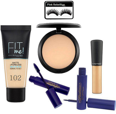 

Pink rebellion Eyelashes & Maybelline Fit me Foundation & Compact & Mineralize Concealer & Padma Eyeliner+Mascara(Set of 6)