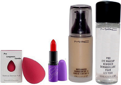 

prolongwear combo Sponge Puff, MatchMaster Foundation Spf 15, Mineralize Charged Water Cleaner Nettoyant Eye Makeup Remover, Selena Lipstick(Set of 4)