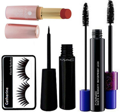 

Catherine Eyelashes, Mac Haute & Naughty Mascara,Waterproof Liquid Eyeliner,Lakme 9 to 5 Matte primer Lipstick(set of 4)(Set of 4)