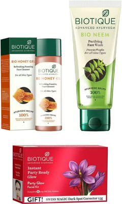 

BIOTIQUE BIO Bio Honey Gel Refreshing Foaming Face Cleanser For All Skin Types, Bio Neem Purifying Face Wash, Party Glow Facial Kit(Set of 3)