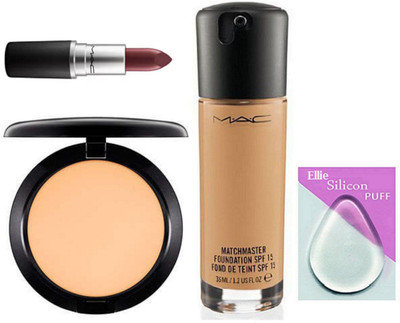 

ellie Silicon Puff & Mac Match Master Foundation & Studio Fix Compact & MAtte Finish Cyber Lipstick(Set of 4)