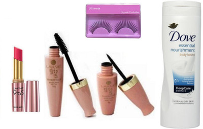 

Ultimate Eyelashes with Lakme 9 to 5 Eyeliner, Mascara and Lipstick With Eyelashes Curler, Dove Essential nourishment Body Lotion(Set of 5)