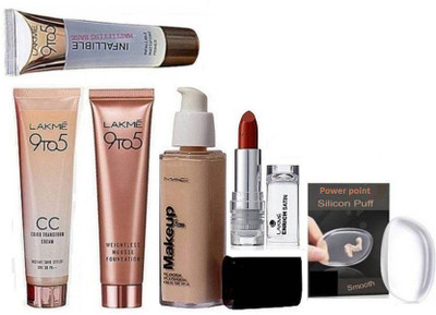 

powerpoint Silicon Puff & Mac pro long wear spf 30 foundation, Lakme 9 to 5 Weightless Mousse Foundation, C C Cream, Infallible Primer, Enrich Matte Lipstick(Set of 6)