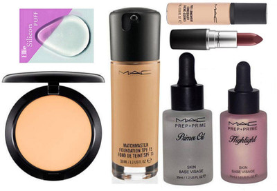 

ellie Silicon Puff With Mac Match Master Foundation & Studio Fix Compact & MAtte Finish Cyber Lipstick & Mac Prep+Prime Primer Oil & Highlight & Pro Longwear Concealer(Set of 7)